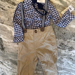 Cat & Jack Blue Checkered Shirt with Bow Tie and khaki pants with suspenders